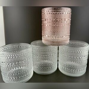 4 William Sonoma Fortessa Jupiter Short Tumblers. 10-12 oz 3 clear 1 pink
